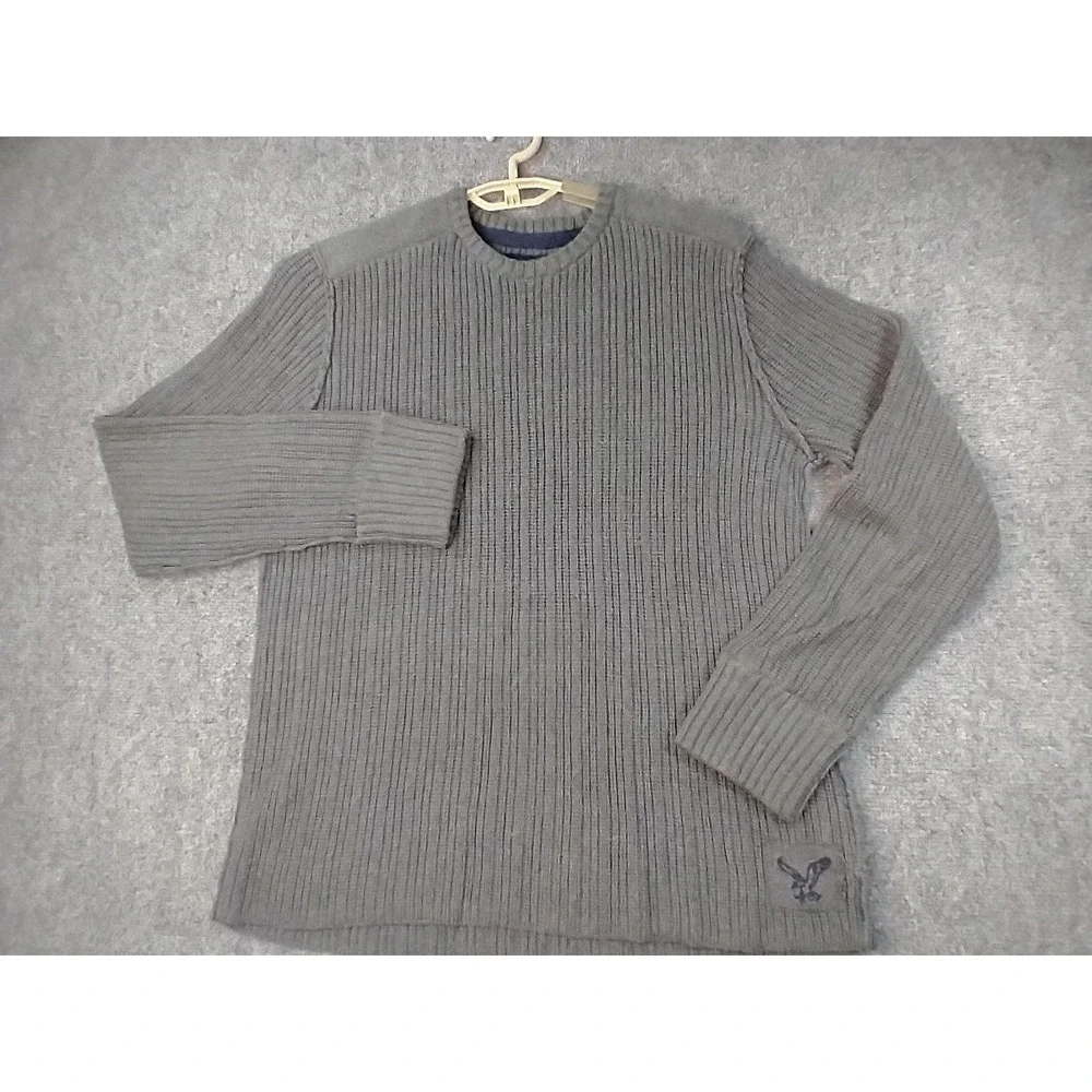 American Eagle Sweater Mens Large Grey Ribbed Knit Cotton Wool Crew Neck